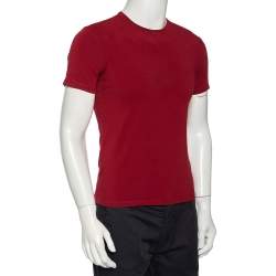 Pre Owned Emporio Armani Burgundy Logo Printed Cotton Crewneck T-Shirt M