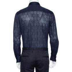 Pre Owned Emporio Armani Navy Blue Perforated Jersey Button Front Shirt XL