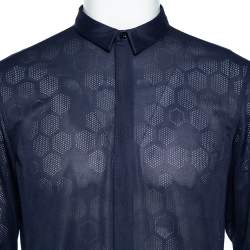 Pre Owned Emporio Armani Navy Blue Perforated Jersey Button Front Shirt XL