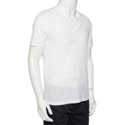 مملوكة مسبقًا Emporio Armani White Logo Embroidered Cotton V-Neck T-Shirt S