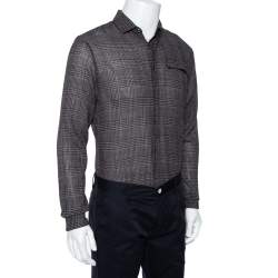 Pre Owned Emporio Armani Brown Checkered Knit Overlay Detail Button Front Shirt L