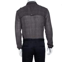 Pre Owned Emporio Armani Brown Checkered Knit Overlay Detail Button Front Shirt L