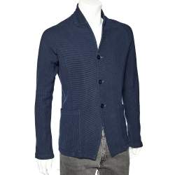 Pre Owned Emporio Armani Navy Blue Rib Knit Button Front Blazer L