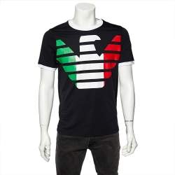 Pre Owned Emporio Armani Navy Blue Cotton Knit Logo Printed T-Shirt XS
