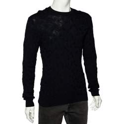 Pre Owned Emporio Armani Navy Blue Logo Intarsia Cotton Knit Crewneck Sweater M