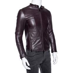 Pre Owned Emporio Armani Brown Leather Zip Front Jacket XS