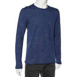 Pre Owned Emporio Armani Blue Patterned Knit Crewneck Sweater L
