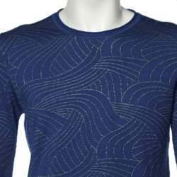 Pre Owned Emporio Armani Blue Patterned Knit Crewneck Sweater L