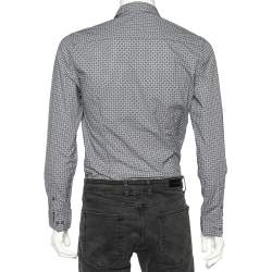 Pre Owned Emporio Armani Blue Logo Printed Cotton Slim Fit Shirt M