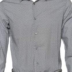 Pre Owned Emporio Armani Blue Logo Printed Cotton Slim Fit Shirt M