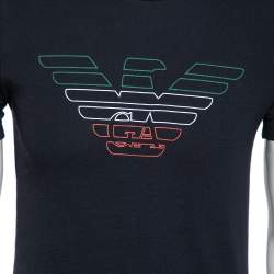 Pre Owned Emporio Armani Navy Blue Cotton Printed Crew Neck T-Shirt S