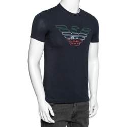 Pre Owned Emporio Armani Navy Blue Cotton Printed Crew Neck T-Shirt S