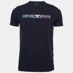 Pre Owned Emporio Armani Navy Blue Cotton Logo Printed Short Sleeve T-Shirt L