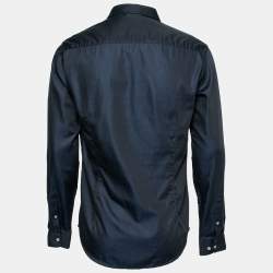 Pre Owned Emporio Armani Navy Blue Cotton Logo Embroidered Button Front Shirt L