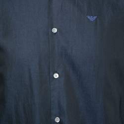 Pre Owned Emporio Armani Navy Blue Cotton Logo Embroidered Button Front Shirt L