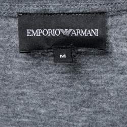 Pre Owned Emporio Armani Grey Cotton Appliqued V-Neck Short Sleeve T-Shirt M
