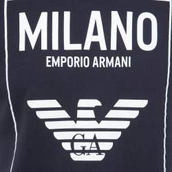 Pre Owned Emporio Armani Navy Blue Cotton Logo Print Crewneck T-Shirt M