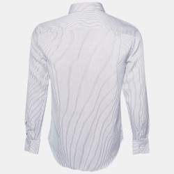 Pre Owned Emporio Armani White & Blue Striped Cotton Button Front Shirt M