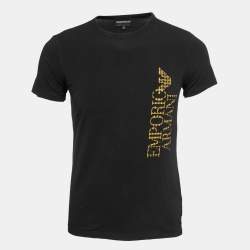 Pre Owned Emporio Armani Black Logo Print Cotton Crew Neck T-Shirt M