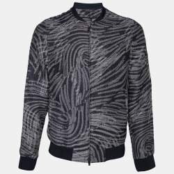 Pre Owned Emporio Armani Navy Blue Jacquard Pattern Zip Front Jacket M