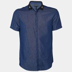 Pre Owned Emporio Armani Navy Blue Denim Contrast Collar Slim Fit Shirt M