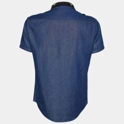 Pre Owned Emporio Armani Navy Blue Denim Contrast Collar Slim Fit Shirt M