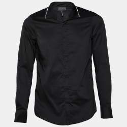 Pre Owned Emporio Armani Black Cotton Logo Detail Collar Slim Fit Shirt M