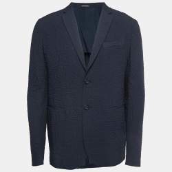 مملوكة مسبقًا Emporio Armani Navy Blue Patterned Synthetic Single Breasted Blazer XL