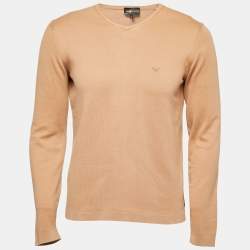 Pre Owned Emporio Armani Beige Cotton Knit V-Neck Sweater L