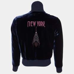 Pre Owned Emporio Armani Navy Blue Velvet NY Embroiderd Contrast Collar Bomber Jacket S