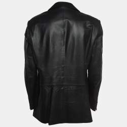 Pre Owned Emporio Armani Black Leather Single Breasted Buttoned Coat XL
