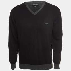 Pre Owned Emporio Armani Black Cotton Knit V-Neck Sweater M