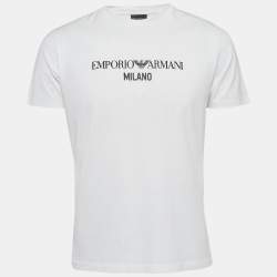 Pre Owned Emporio Armani White Logo Print Cotton Crew Neck T-Shirt L
