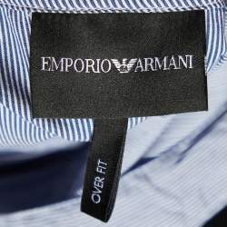 Pre Owned Emporio Armani Blue Striped Cotton Blend Hooded Shirt L/XL