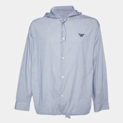 Pre Owned Emporio Armani Blue Striped Cotton Blend Hooded Shirt L/XL