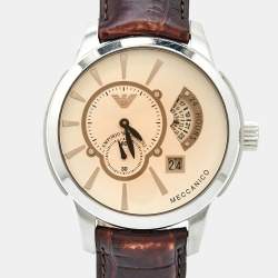 Pre Owned Emporio Armani Beige Stainless Steel Embossed Leather Meccanico AR4604 Men's Wristwatch 43.50 mm