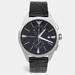 Pre Owned Emporio Armani Black Stainless Steel Embossed Leather Claudio AR11542 Men's Wristwatch 43 mm