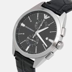 Pre Owned Emporio Armani Black Stainless Steel Embossed Leather Claudio AR11542 Men's Wristwatch 43 mm