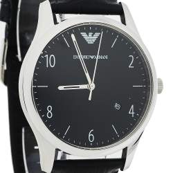 Pre Owned Emporio Armani Black Stainless Steel Leather Classic AR1865 Men's Wristwatch 41 mm