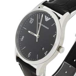 Pre Owned Emporio Armani Black Stainless Steel Leather Classic AR1865 Men's Wristwatch 41 mm