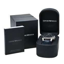 Pre Owned Emporio Armani Navy Blue Stainless Steel Leather AR6089 Men's Wristwatch 46 mm