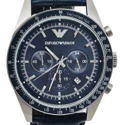 Pre Owned Emporio Armani Navy Blue Stainless Steel Leather AR6089 Men's Wristwatch 46 mm