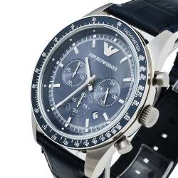 Pre Owned Emporio Armani Navy Blue Stainless Steel Leather AR6089 Men's Wristwatch 46 mm