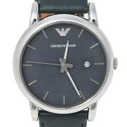 Pre Owned Emporio Armani Grey Stainless Steel Leather AR1730 Men's Wristwatch 41 mm
