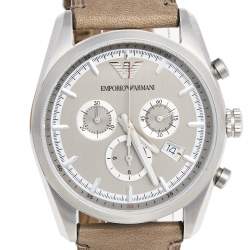 Pre Owned Emporio Armani Grey Stainless Steel Leather Sportivo AR6040 Men's Wristwatch 42 mm 