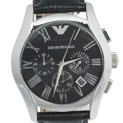 Pre Owned Emporio Armani Black Stainless Steel Leather Classic Chronograph AR-1633 Men's Wristwatch 42 mm