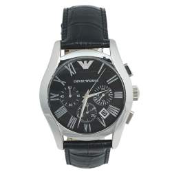 Pre Owned Emporio Armani Black Stainless Steel Leather Classic Chronograph AR-1633 Men's Wristwatch 42 mm