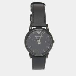 Pre Owned Emporio Armani Black PVD Coated Stainless Steel Leather Classic AR1732 Men's Wristwatch 41 mm 