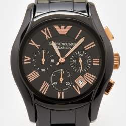 Pre Owned Emporio Armani Black Ceramic Rose Gold Plated Stainless Steel Ceramica AR1410 Men's Wristwatch 43 mm 