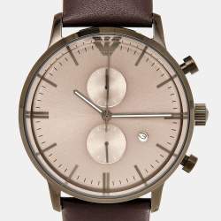 Pre Owned Emporio Armani Gunmetal Brown Black PVD Coated Stainless Steel Leather AR1932 Men's Wristwatch 42 mm